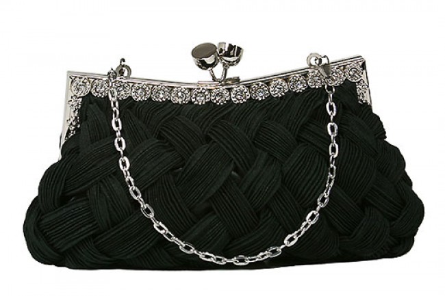 Evening Bag - Woven Braided Clutch w/ Rhinestone Accents Frame - Black - BG-HE1021BK